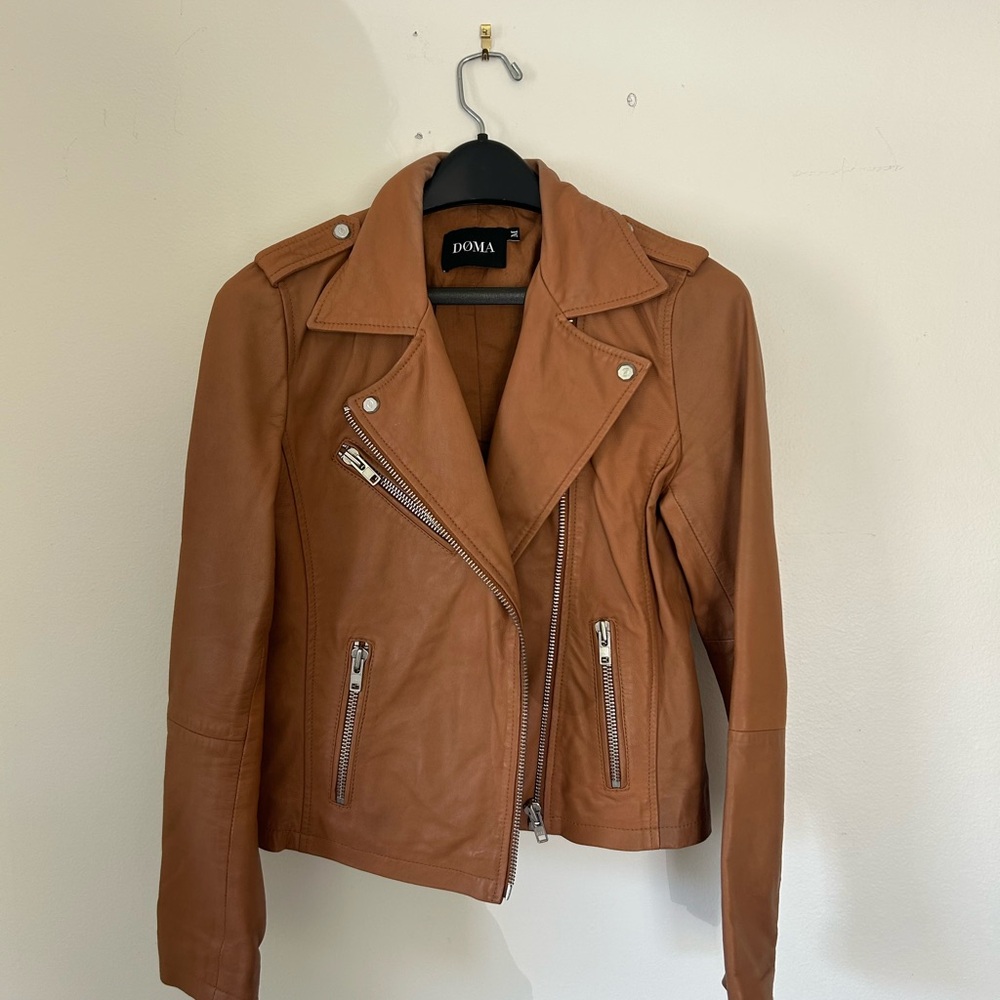 Doma Tan Leather Jacket Asymmetrical Moto Design